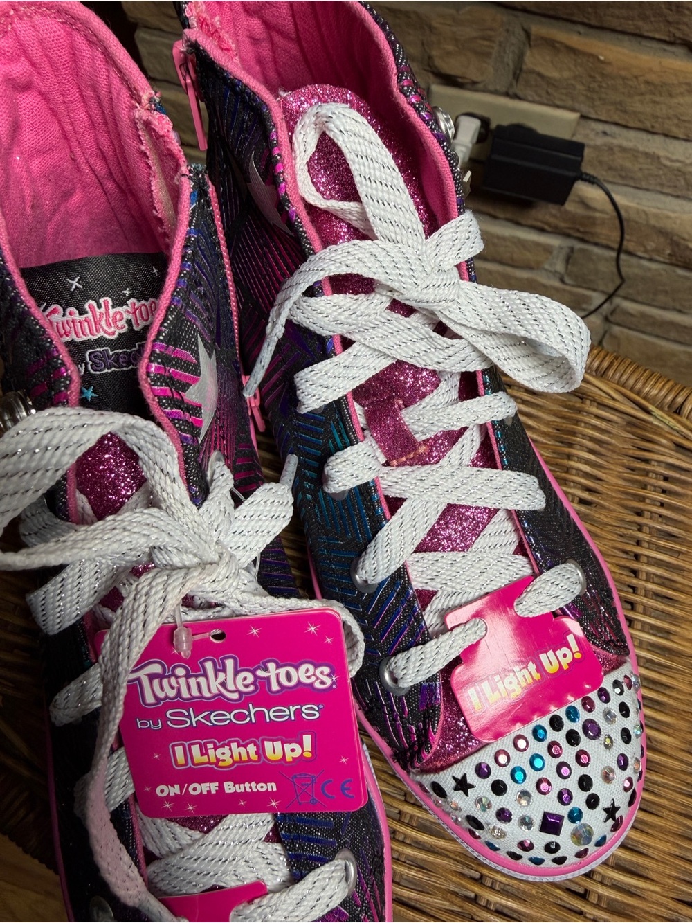 Skechers Twinkle Toes' Pewter Pink, White, Light-Up High-Top Sneakers. Sz 4